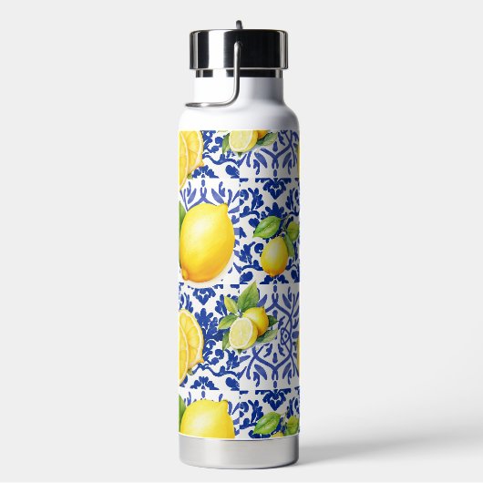 Blue White Lemon Tile Pattern Mediterranean Citrus Waterfles (Rechts)