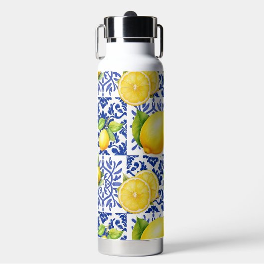 Blue White Lemon Tile Pattern Mediterranean Citrus Waterfles (Voorkant)