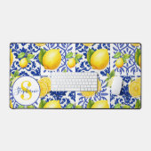 Blue White Lemon Tile Pattern Monogram Name Citrus Bureaumat (Keyboard & Muis)