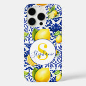 Blue White Lemon Tile Pattern Monogram Name Citrus Case-Mate iPhone Case (Achterkant)