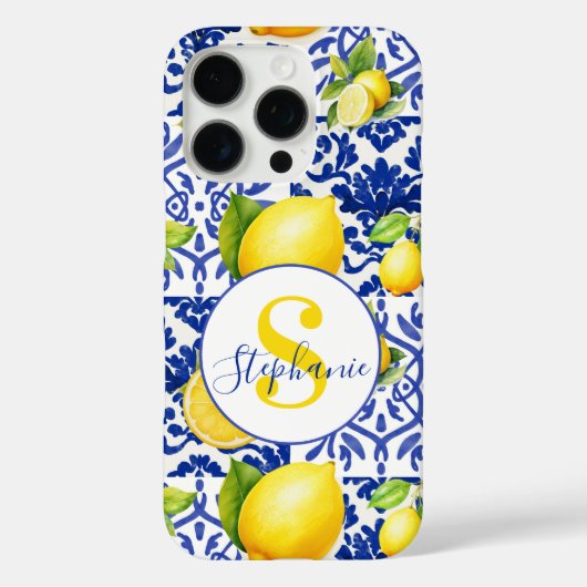 Blue White Lemon Tile Pattern Monogram Name Citrus Case-Mate iPhone Case (Achterkant)