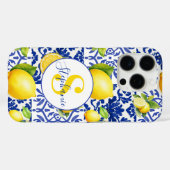 Blue White Lemon Tile Pattern Monogram Name Citrus Case-Mate iPhone Case (Achterkant (horizontaal))