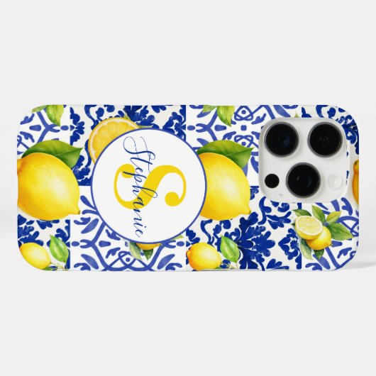 Blue White Lemon Tile Pattern Monogram Name Citrus Case-Mate iPhone Case (Achterkant (horizontaal))
