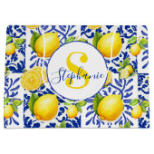 Blue White Lemon Tile Pattern Monogram Name Citrus Groot Cadeauzakje (Voorkant)