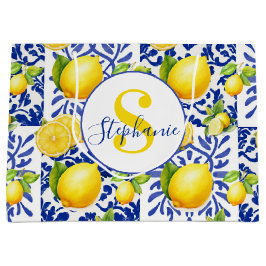 Blue White Lemon Tile Pattern Monogram Name Citrus Groot Cadeauzakje
