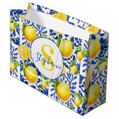 Blue White Lemon Tile Pattern Monogram Name Citrus Groot Cadeauzakje (Voorkant Gekanteld)