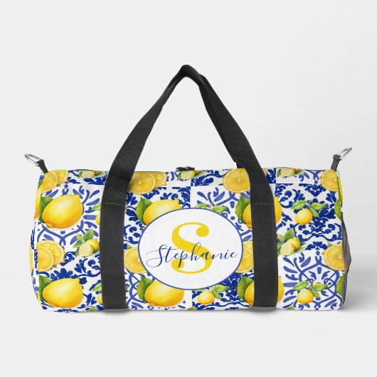 Blue White Lemon Tile Pattern Monogram Name Citrus Plunjezak (Voorkant)