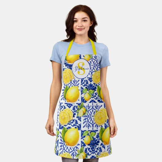 Blue White Lemon Tile Pattern Monogram Name Citrus Schort (Gedragen)