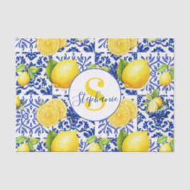 Blue White Lemon Tile Pattern Monogram Name Citrus Tissuepapier