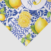 Blue White Lemon Tile Pattern Monogram Name Citrus Tissuepapier (Detail)