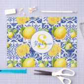 Blue White Lemon Tile Pattern Monogram Name Citrus Tissuepapier (Craft)