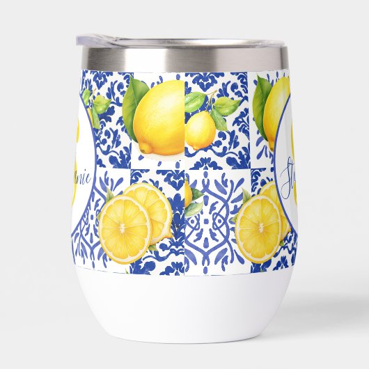 Blue White Lemon Tile Pattern Name Monogram Citrus (Rechts)