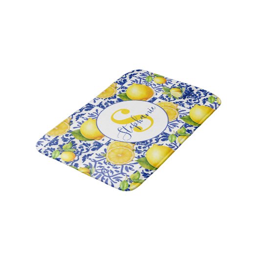 Blue White Lemon Tile Pattern Name Monogram Citrus Badmat (Gekanteld)