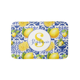 Blue White Lemon Tile Pattern Name Monogram Citrus Badmat