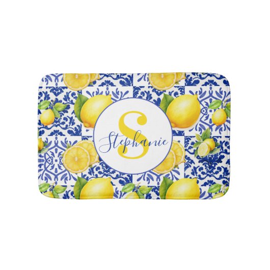 Blue White Lemon Tile Pattern Name Monogram Citrus Badmat (Voorkant)
