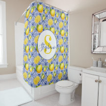 Blue White Lemon Tile Pattern Name Monogram Citrus