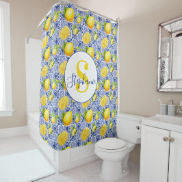 Blue White Lemon Tile Pattern Name Monogram Citrus Douchegordijn