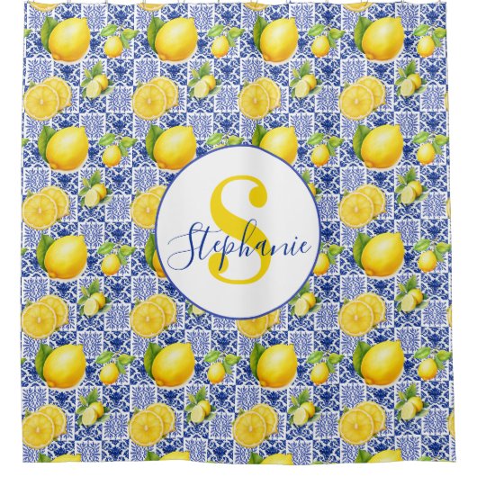 Blue White Lemon Tile Pattern Name Monogram Citrus Douchegordijn (Voorkant)