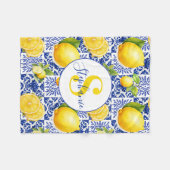 Blue White Lemon Tile Pattern Name Monogram Citrus Fleece Deken (Voorkant (Horizontaal))