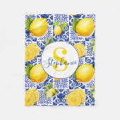 Blue White Lemon Tile Pattern Name Monogram Citrus Fleece Deken (Voorkant)