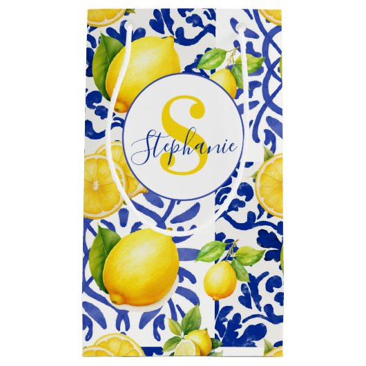 Blue White Lemon Tile Pattern Name Monogram Citrus Klein Cadeauzakje (Voorkant)