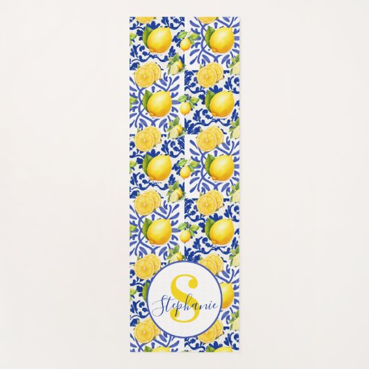 Blue White Lemon Tile Pattern Name Monogram Citrus Yogamat (Voorkant)