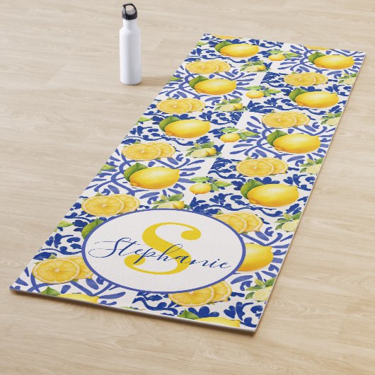 Blue White Lemon Tile Pattern Name Monogram Citrus Yogamat (In situ)