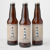 Blue White Lighthouse Border Kraft Wedding Bier Etiket (Flessen)