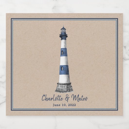 Blue White Lighthouse Border Kraft Wedding Bier Etiket (Enkel label)