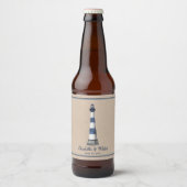 Blue White Lighthouse Border Kraft Wedding Bier Etiket (Voorkant)