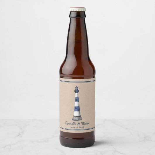 Blue White Lighthouse Border Kraft Wedding Bier Etiket (Voorkant)