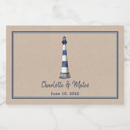 Blue White Lighthouse Border Kraft Wedding Sparkling Wijnetiket (Enkel label)