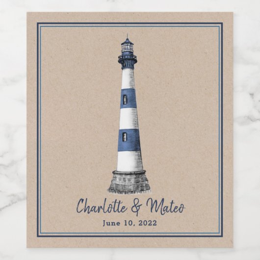 Blue White Lighthouse Border Kraft Wedding Wijn Etiket (Enkel label)