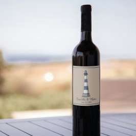 Blue White Lighthouse Border Kraft Wedding Wijn Etiket