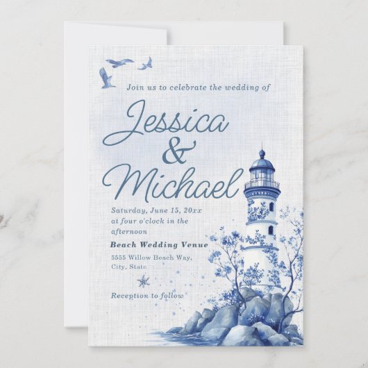 Blue White Lighthouse Coastal Beach Wedding  Kaart (Voorkant)