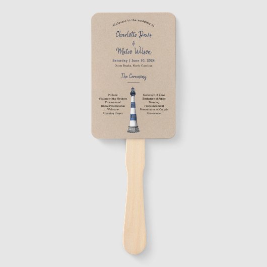 Blue White Lighthouse Kraft Wedding Program Hand F Handwaaier (Voorkant)
