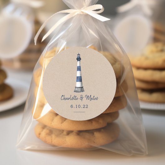 Blue White Lighthouse Kraft Wedding Ronde Sticker