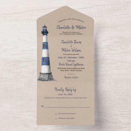 Blue White Lighthouse Kraft Wedding Uitnodiging (Binnen)