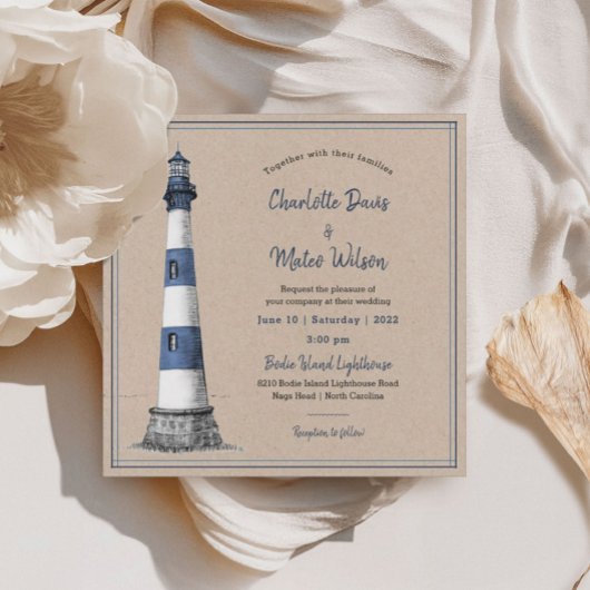 Blue White Lighthouse Kraft Wedding Uitnodiging