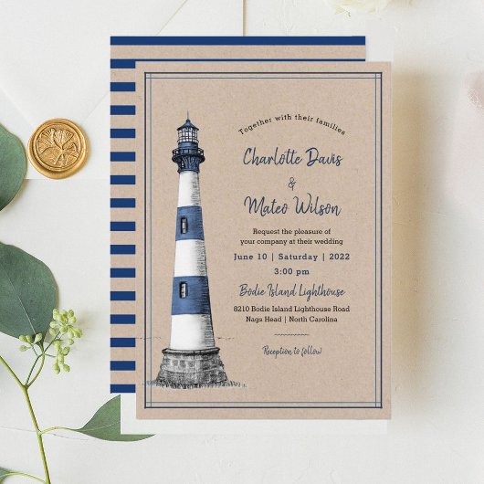 Blue White Lighthouse Kraft Wedding Uitnodiging