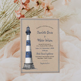 Blue White Lighthouse Kraft Wedding Uitnodiging