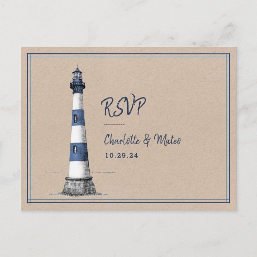 Blue White Lighthouse Wedding RSVP Briefkaart (Voorkant)