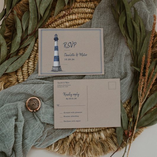 Blue White Lighthouse Wedding RSVP Briefkaart