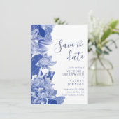 Blue White Lotus Floral Chinoiserie Save the Date (Staand voorkant)