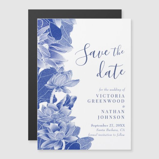 Blue White Lotus Floral Chinoiserie Save the Date (Voorkant / Achterkant)