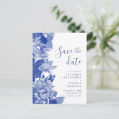 Blue White Lotus Floral Chinoiserie Save the Date Briefkaart (Staand voorkant)