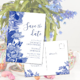Blue White Lotus Floral Chinoiserie Save the Date Briefkaart