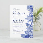Blue & White Lotus Floral Chinoiserie Wedding Kaart (Staand voorkant)