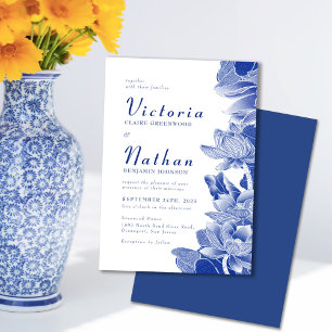 Blue & White Lotus Floral Chinoiserie Wedding Kaart
