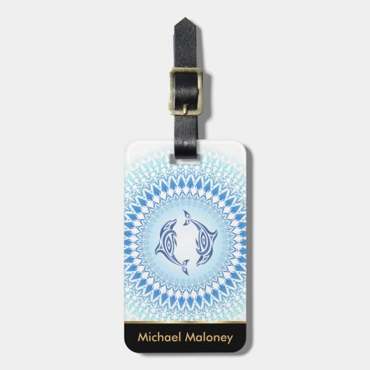 Blue White Mandala Dolphins Bagagelabel (Voorkant verticaal)